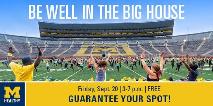 On Sept. 20, MHealthy is taking over the Big House! Register today for a session of strength, Zumba, or football skills. The event is free and open to U-M faculty and staff. 