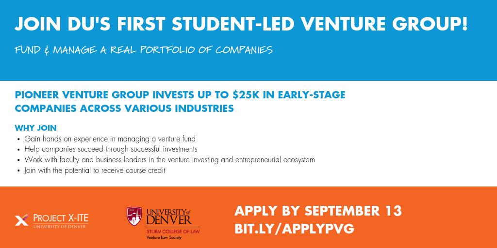 DU Students! For the very first time, @UofDenver students have the opportunity to manage and operate a venture fund that invests in early stage companies. Are you passionate about entrepreneurship and venture investing? This is for you! Deadline: 9/13 