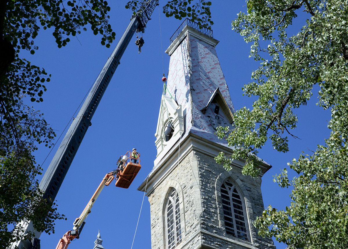 Crews are installing the first piece of metal fabrication to the clock tower on King Chapel! The work is part of a bigger project to fix up that entire tower and clock.
