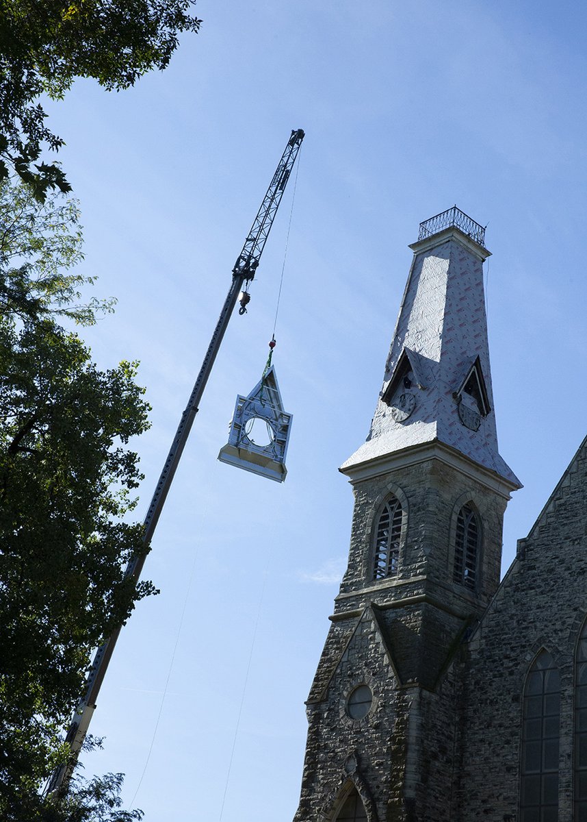 Crews are installing the first piece of metal fabrication to the clock tower on King Chapel! The work is part of a bigger project to fix up that entire tower and clock.