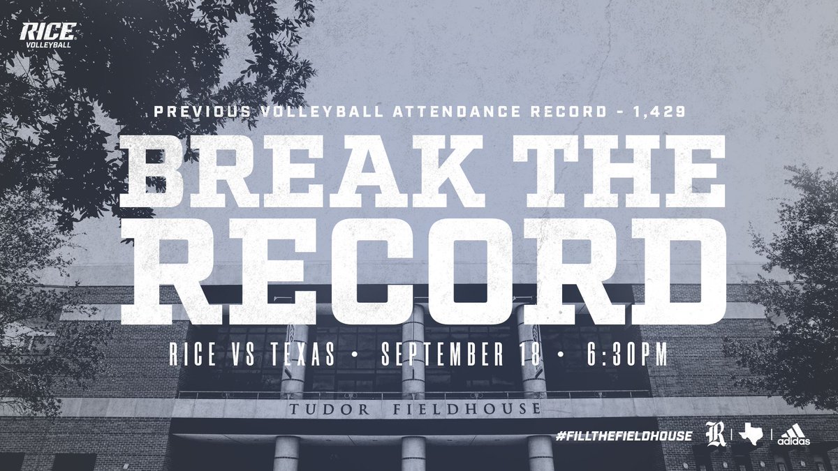 BREAK. THE. RECORD.  @RiceVolleyball is looking to make history when Texas visits Tudor Fieldhouse on Wednesday.  Be a part of it all by setting a new attendance record and having your name etched in the history books.
