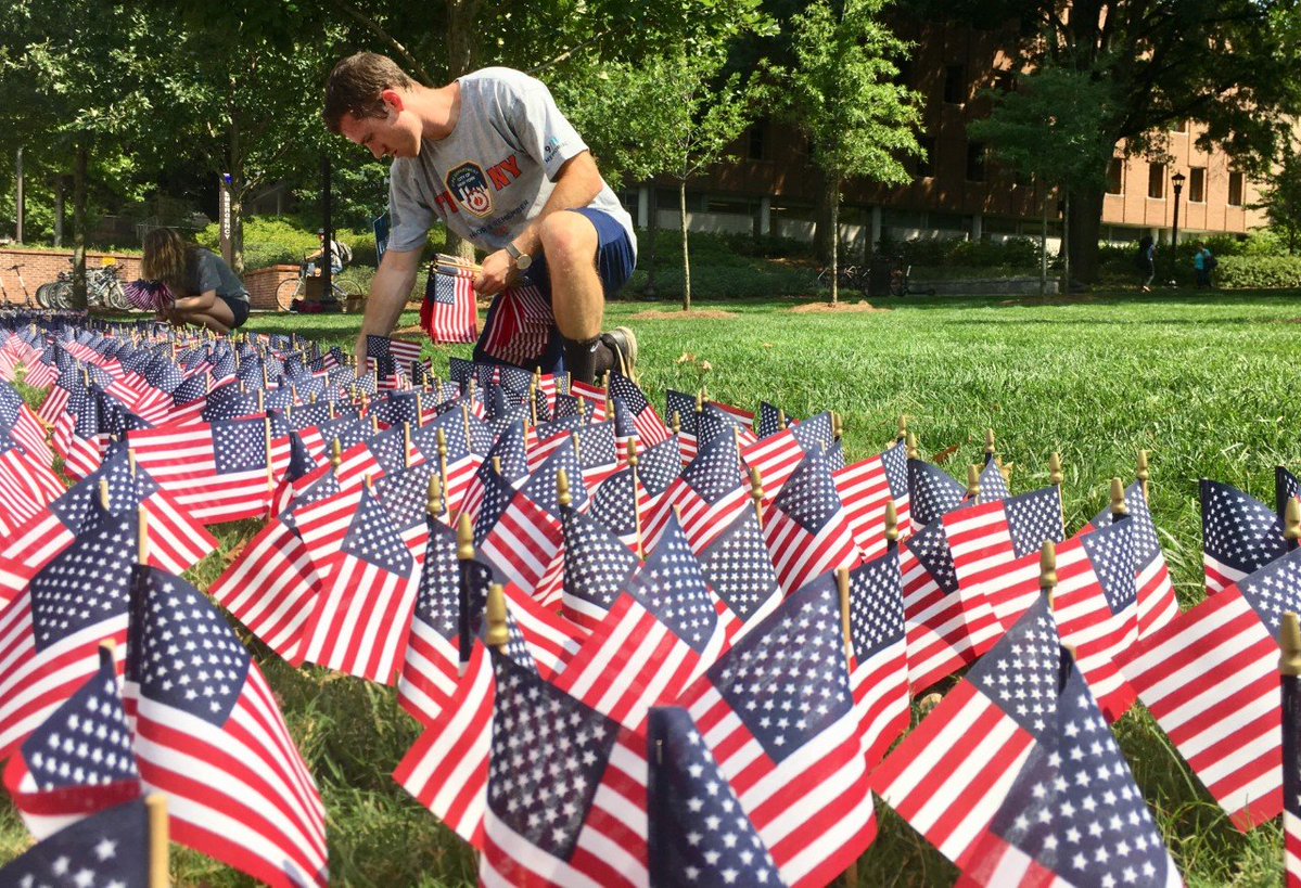 Kevin Breslin graduated in May, but came back to campus today to help place a flag near Tech Green in memory of every life lost on September 11, 2001. It&#39;s a tribute he helped coordinate in his years an undergrad, and he wanted to make sure the tradition continued. #NeverForget