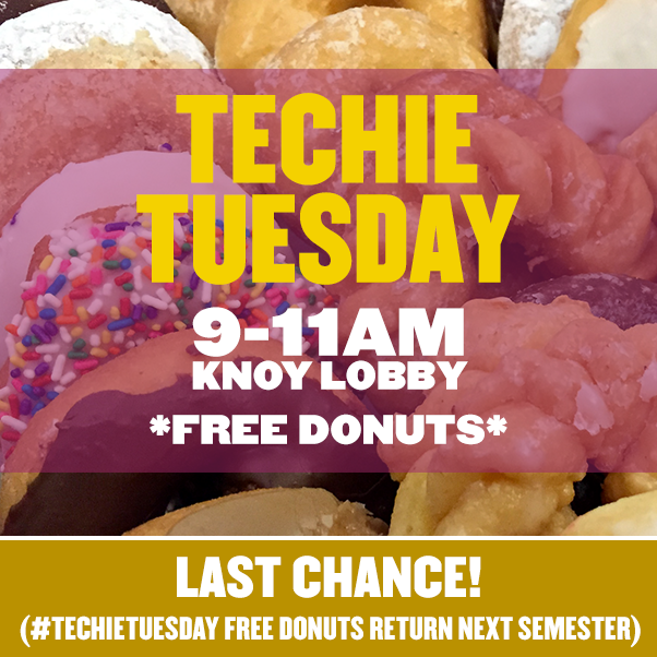 We encourage #PurduePolytechnic students, faculty &amp; staff to wear an #ImATechie t-shirt every Tuesday…but Sept. 10 is the last regularly-scheduled Tuesday this semester we&#39;ll reward you w/a free donut! See you this Techie Tuesday morning in Knoy (9–11 a.m., while supplies last).