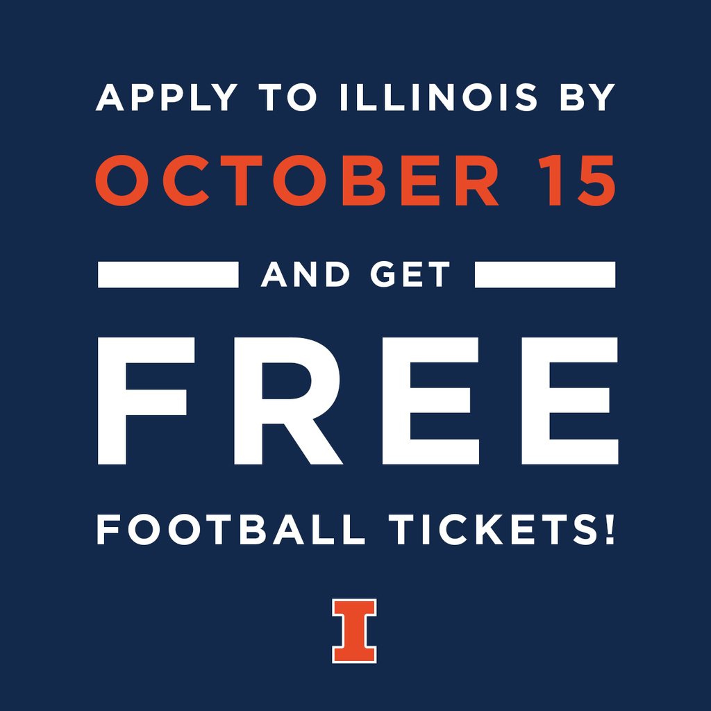 In case you didn&#39;t hear...  Step 1: Start your #ILLINOIS application Step 2: Submit it by October 15 Step 3: Claim your FREE Fighting Illini Football tickets!   It’s easy as that. We can’t wait to see you on campus!    Start your application: 