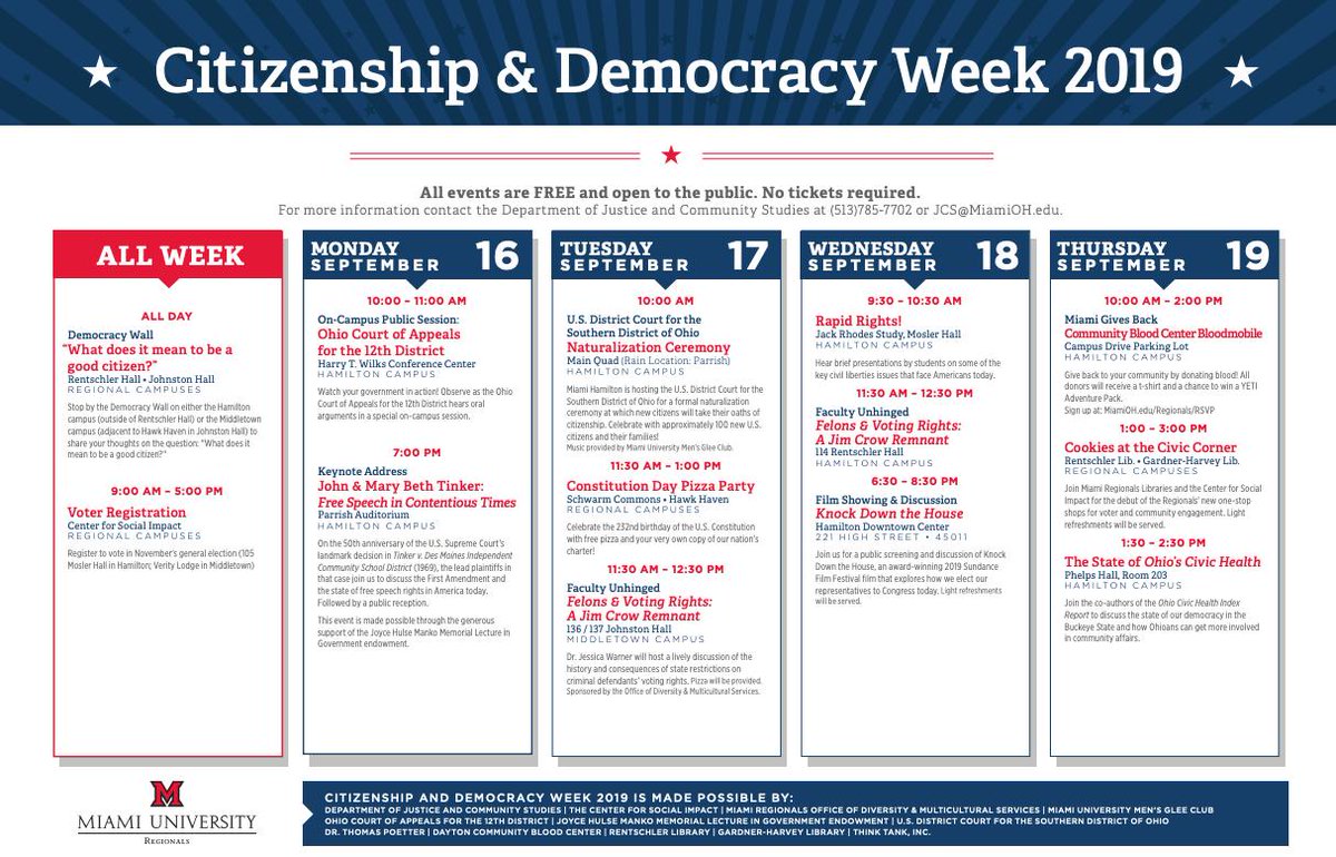 Miami University will host a number of events on its @MiamiRegionals campuses for #ConstitutionDay on Sept. 17 and the Miami Regionals’ Citizenship and Democracy Week. #MiamiOH