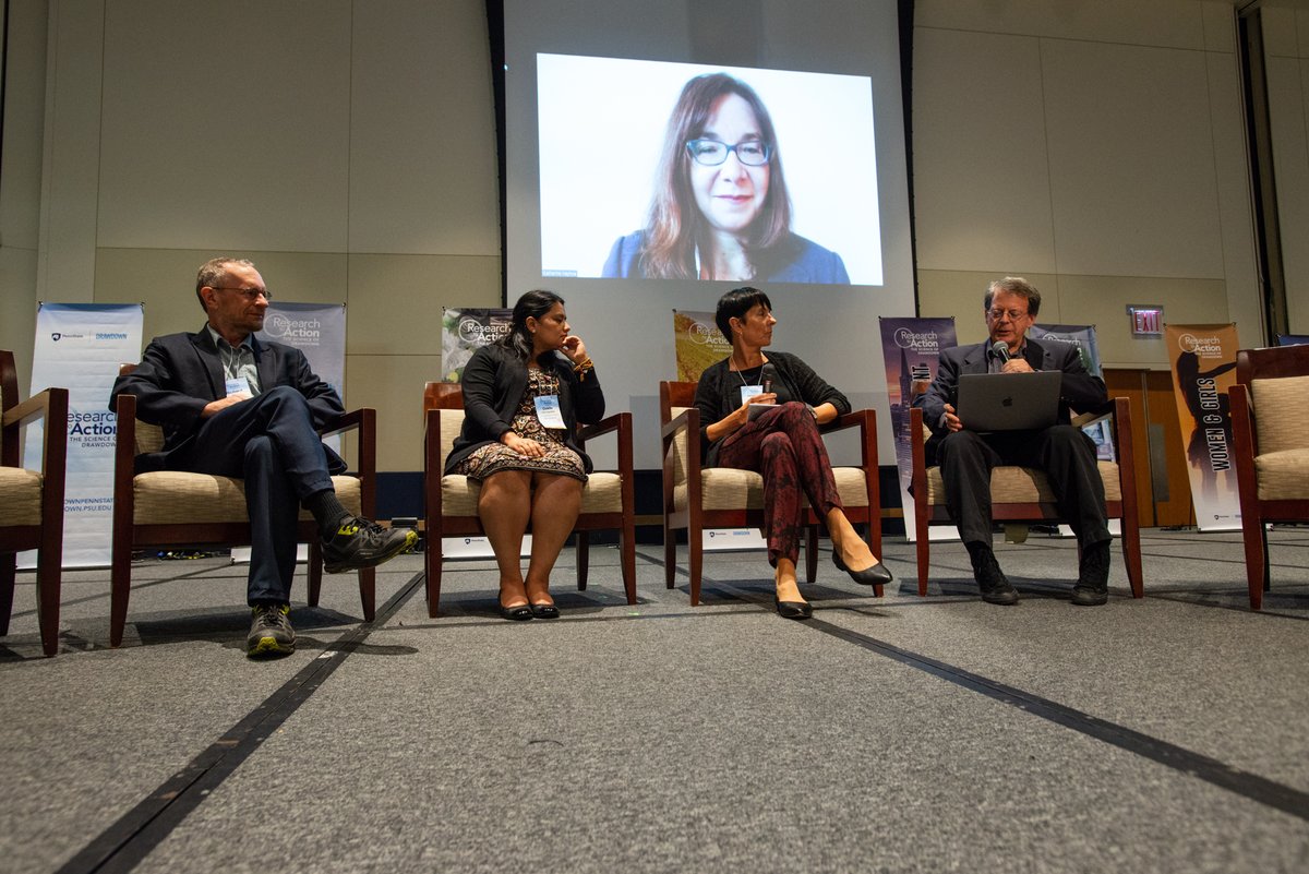 Partnering with media, engaging diverse audiences and communicating effectively was the focus of this #DrawdownPennState panel, moderated by @nytimes&#39; @jswatz on Sept. 17.   On the panel: #PennState&#39;s Richard Alley  @dchungyalpa  @KHayhoe  @ConversationUS&#39; Jennifer Weeks