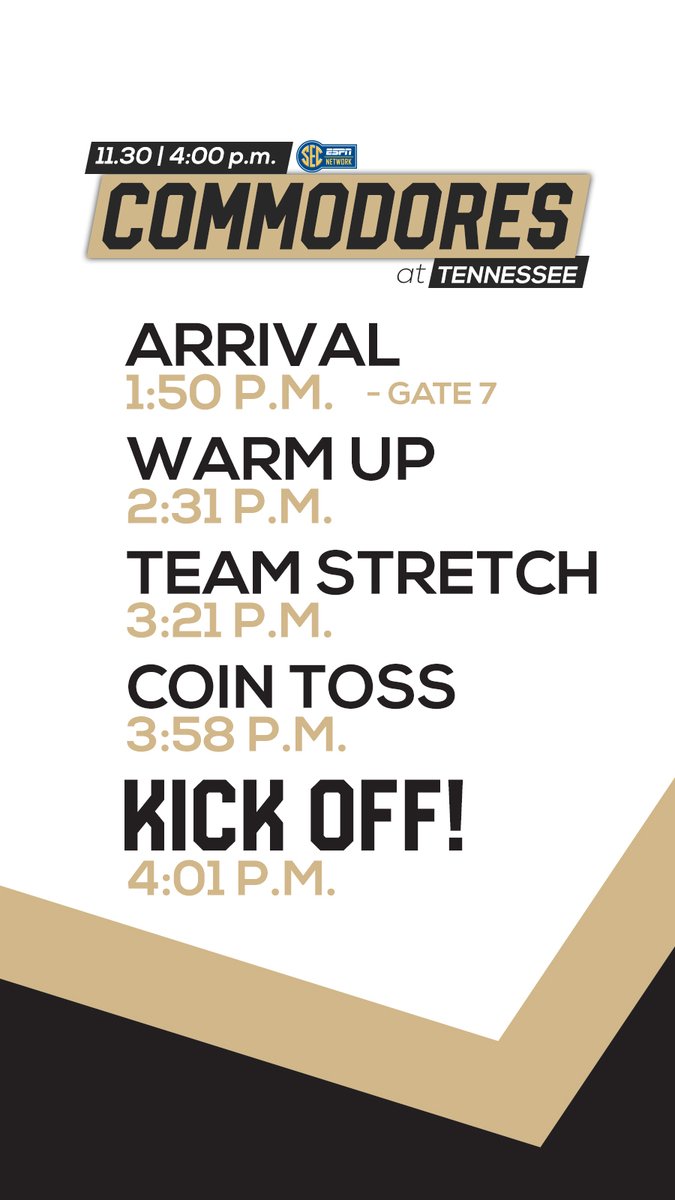 Commodores heading to Knoxville, here is your game day timeline.   Fans at home, please note today&#39;s are in eastern time.   #RTI | #AnchorDown